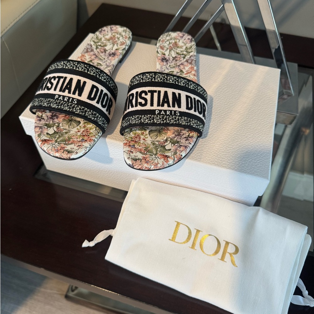 Dior Floral Slide Sandals - Black and Multicolor